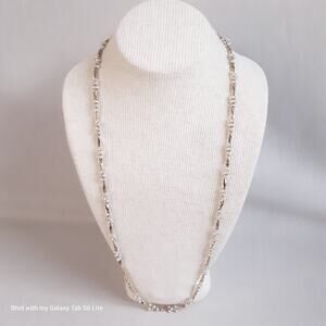 Vintage Matinee Necklace Pearly Beads On Long Faceted Gold Tone Links